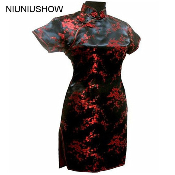 Black-Red Spring Chinese Women's Satin Mini Cheongsam Qipao Dress Flower Plus Size S M L XL XXL XXXL 4XL 5XL 6XL J4035