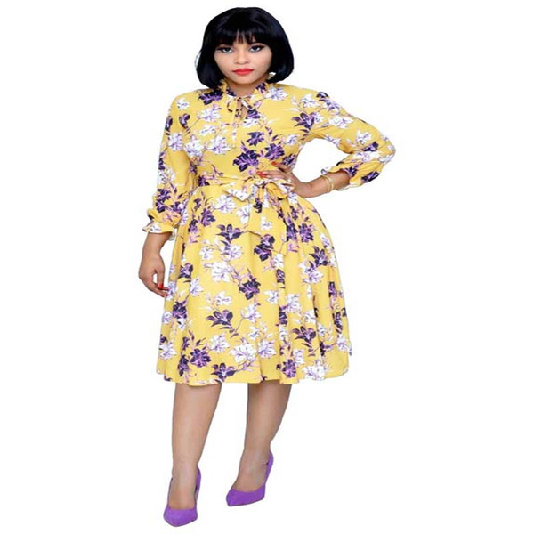 Africa Clothing Elegant Flower Printed Seven-Sleeve Stand Collar Dress With Belt High Waist Knee Length Dress