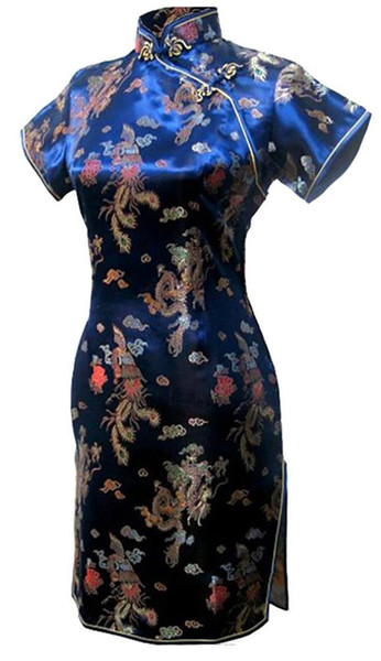 Shanghai Story Plus Size fashionable Qipao Dragon phoenix phenix print faux silk dress short cheongsam dress Qipao 6 color