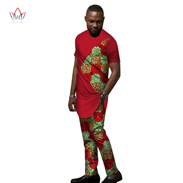 2018 Bazin Riche African Wax Print Patchwork Top and Pants Sets Ankara Clothes 2 Pieces Pant Sets Mens African Clothing WYN438