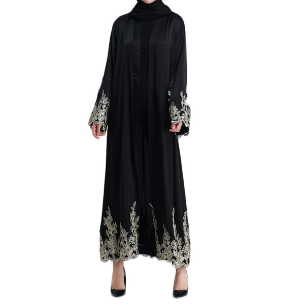 Beautiful Muslim Womens Abaya Dress Golden Silk Embroidery Splicing O-Neck abaya for women Summer Long Loose Dresses F300315