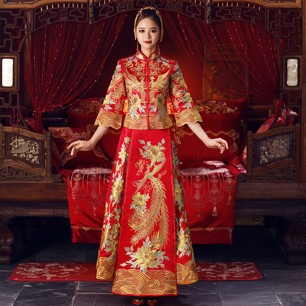 Women Phoenix Embroidery Wedding Dress Bride Traditions Traditional Evening Gown Chinese Cheongsam Long Sleeve Qipao Plus Size