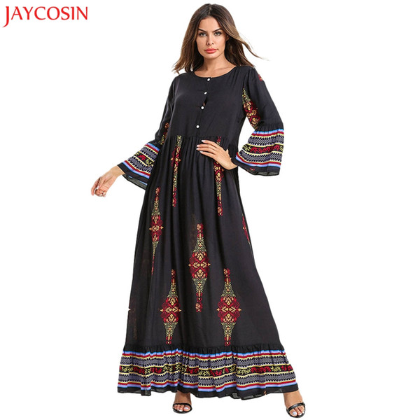 JAYCOSIN Women Muslim Floral Print Long Cotton Maxi Dress Abaya Jilbab Dubai Kaftan Robe Islamic Black muslim dress plus size z4