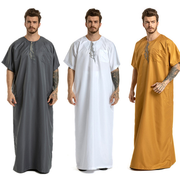 Traditional Arabic Men Islamic Clothing Jubba Thobe for Adult Dubai Kaftan Embroidery Saudi Arabia Muslim Ramadan Eid Pray Robes