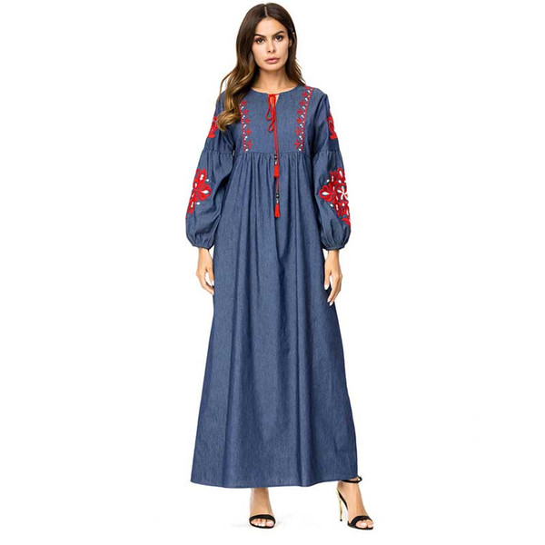 2019 Muslim Vintage Embroidery Maxi Dress Abaya Kimono Loose Ramadan Arabic Turkish Islamic Women Long Robes Plus Size VKDR1507