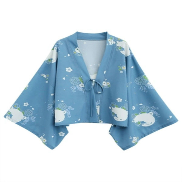 Cat Print Blue Japanese Kimono Cardigan Coat V-neck Collar Full sleeve Kimono Yukata Spring Women's Cardigan Outwear