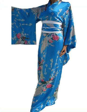 Free Shipping New Blue Japanese Women's Silk Satin Kimono Evening Dress Yukata Flowers one size H005