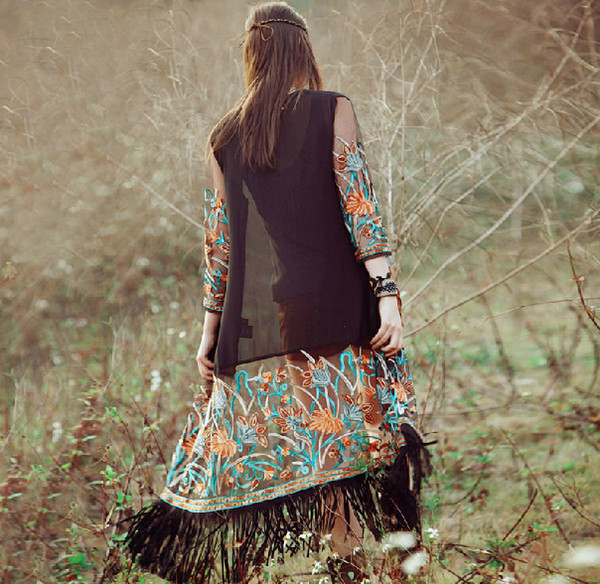 Ethnic Clothing Folk embroidery tassel coat chiffon cardigan Long Shawls Women Casual Cardigan Short Sleeve Chiffon Perspective Cover Up