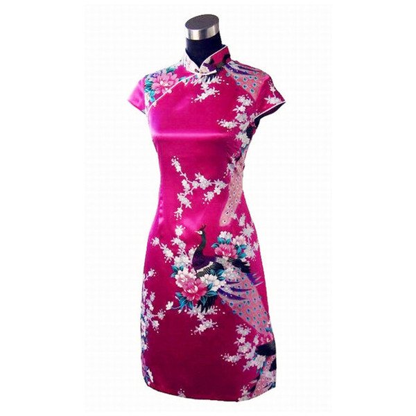 Sexy Hot pink Chinese Women's Rayou peacock Cheongsam Classic Summer Mini Qipao Dress Size S M L XL XXL Mujere Vestido