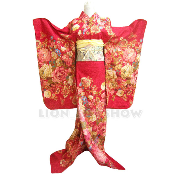 Japanese Red Floral Long Furisode Reversible Traditional Kimono Cosplay Costume outfit