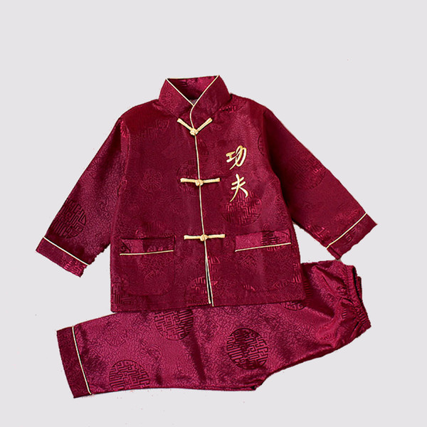 Long Sleeve Kids Embroider Kung Fu Suit Chinese Style Boys Wushu Show Sets Jacket+Pants Dramaturgic Costume 2-16 YZT082506