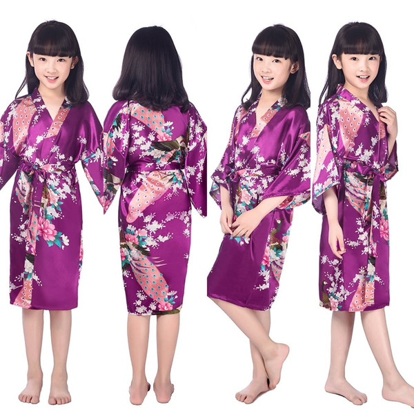 Purple Kids Flower Wedding Stain Robes For Girls Floral Silk NightGown Children's Bathrobe Bridesmaid Party Kimono Evening Gowns