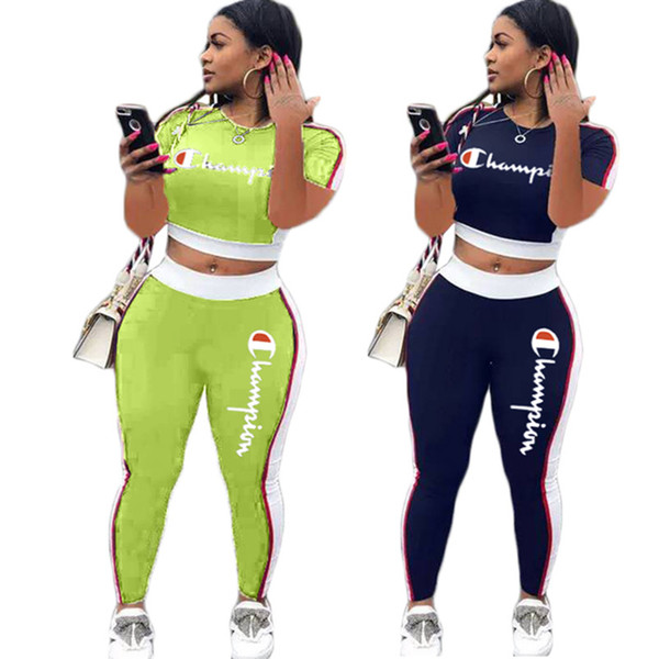 Champions women 2 piece set sportswear tracksuit outfit crop top pullover t-shirt leggings striped print pants summer clothing plus size 227