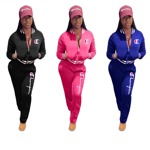 Champions women 2 piece set fitness running jacket zip neck zipper outwear coat pocket bodycon leggings pants spring clothing plus size 241