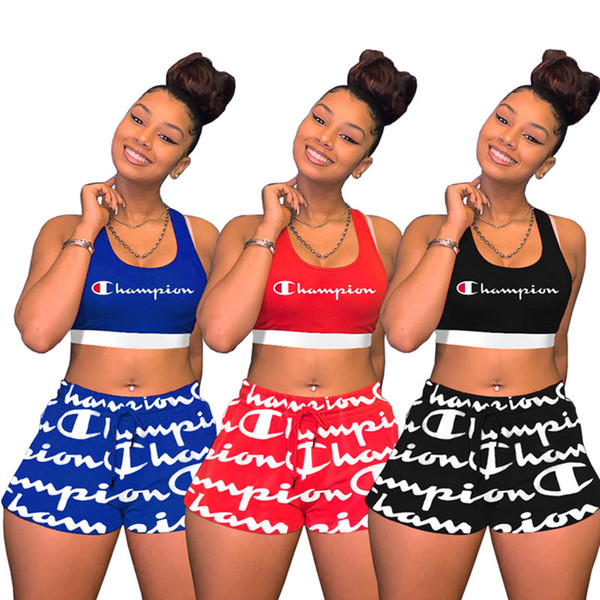 Champions women's 2 piece set sports bro crop top Condole belt vest Pullover leggings bodycon shorts Above Knee summer clothing Plus size219