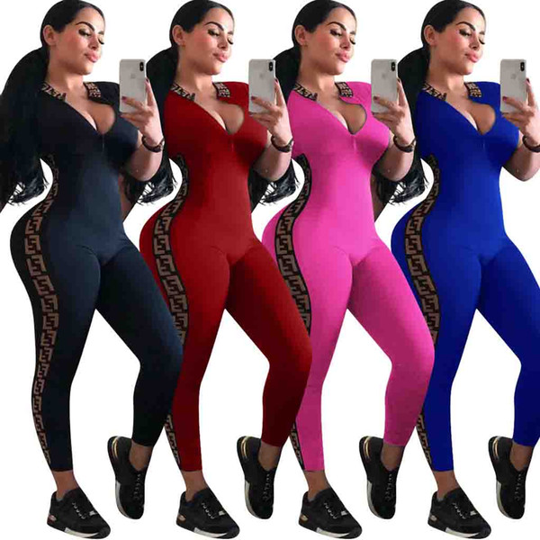 Sell well Women's Jumpsuits & Rompers fashion Deep-V short sleeve bodycon Leggings Print Psnts capris bodysuit summer clothing Plus size 114