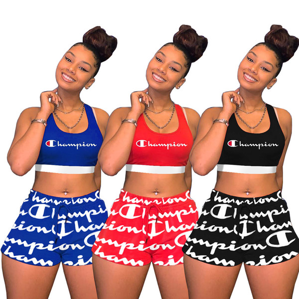 Champions women 2 piece set jogging suit fitness running crop top Pullover leggings bodycon shorts Above Knee summer clothing Plus size219