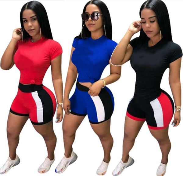 Champions Women 2 piece set crew neck short sleeve t-shirt bodycon leggings shorts above knee panellled print summer clothes plus size 375