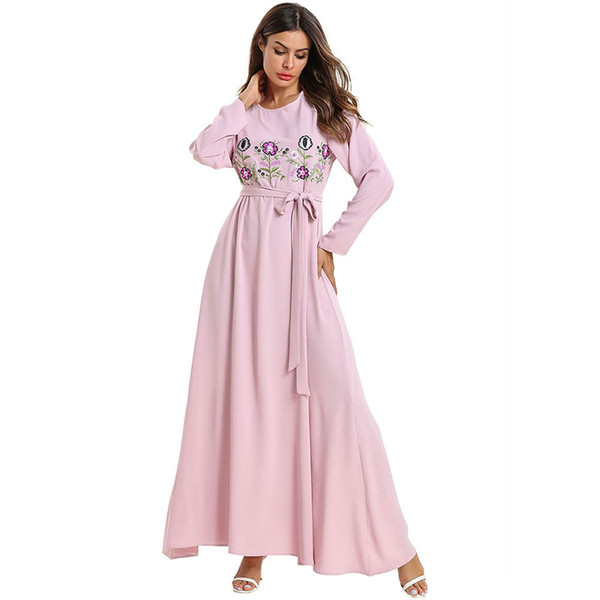 2019 Women Muslim Abaya Dress O Neck Long Sleeve Plus Size Pink 4XL Dubai Turkey Islamic Dress Caftan Marocain Ramadan Clothing