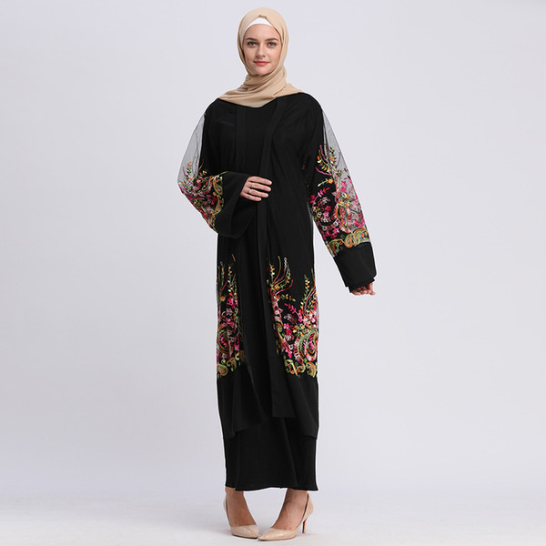 Women Abaya Dress Cardigan Long Muslim Dress Embroidery Flower Mesh Elegant Club Party Islamic Caftan marocain