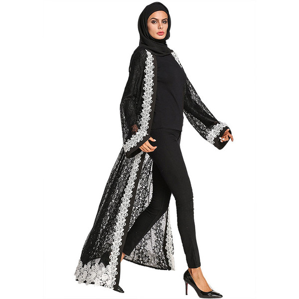 Elegant Muslim Embroidery Abaya Lace Maxi Dress Cardigan Hollow Out Kimono Long Robe Gowns Ramadan Middle East Islamic Clothing