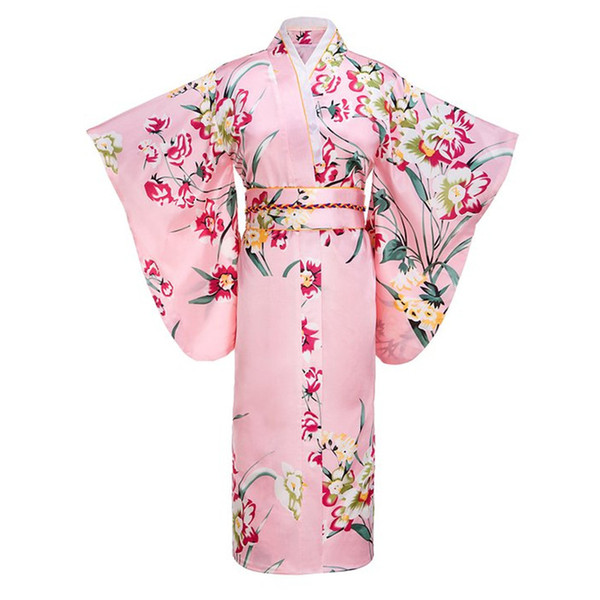 Pink Japanese Women Fashion Tradition Yukata Silk Rayon Kimono With Obi Flower Vintage Cosplay Costume Evening Dress One size