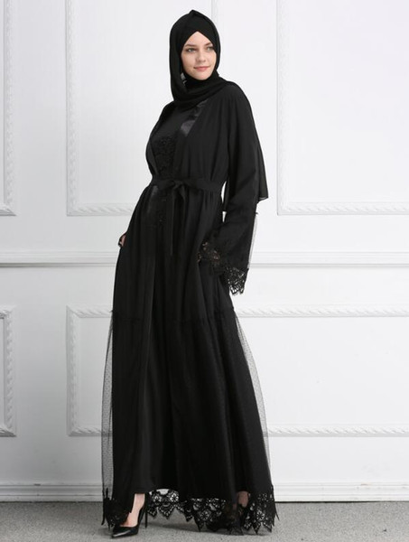 Muslim Lace Abaya Grenadine Black Full Dresses Cardigan Kimono Long Robe Gowns Jubah Middle East Ramadan Arab Islamic Clothing