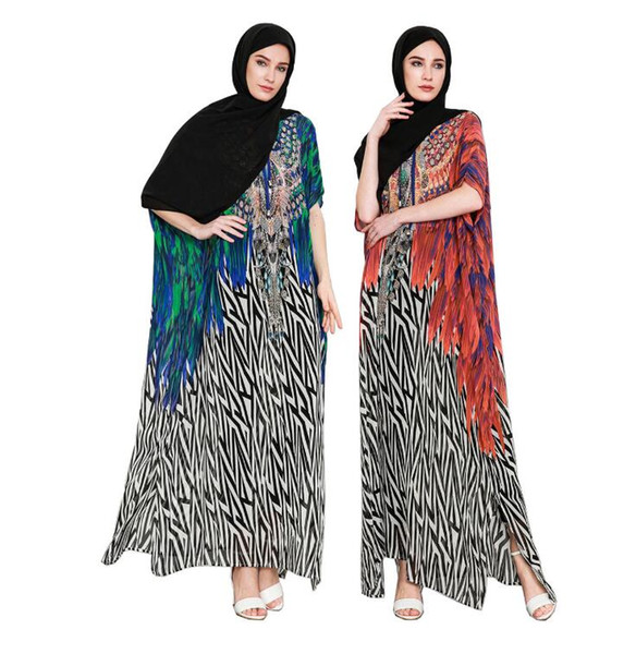 Summer National Style Muslim Women Abaya Dress Middle East Islamic Female Digital Printing Chiffon Long Dresses Apricot Clothing