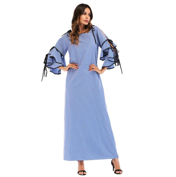 Elegant Puff Sleeve Full Dress Muslim Maxi Abaya Tunic Plaid Skirt Long Robe Gowns Kimono Ramadan Middle East Islamic Clothing