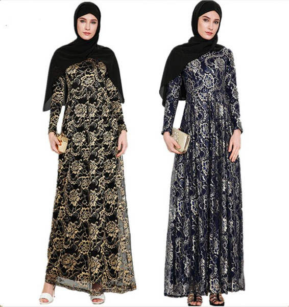 Elegant Muslim Abaya Golden Lace Maxi Dress Party Long Robe Gowns Festival Middle East Ramadan Worship Service Islamic Clothing