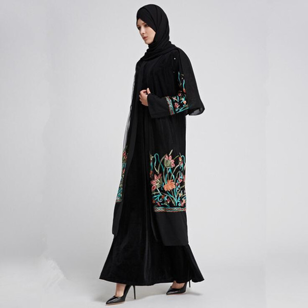 Muslim Abaya Embroidery Maxi Dress Floral Yarn Long Robe Gowns Kimono Jubah Ramadan Arabic Dubai Caftan Islamic Prayer Clothing