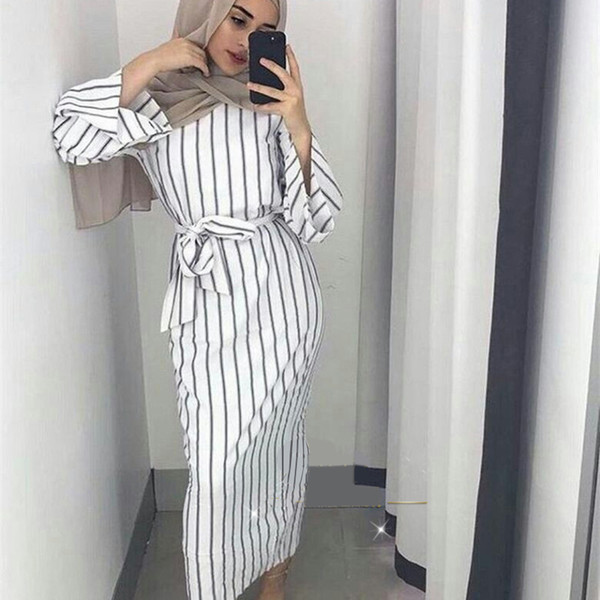 Muslim Stripe Maxi Dress Trumpet Sleeve Abaya Long Skirt Robe Gowns Tunic Kimono Jubah Middle East Ramadan Arab Islamic Clothing