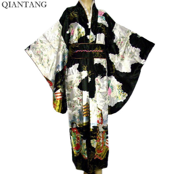 Black Vintage Japanese Women's Silk Satin Kimono Mujeres Quimono Yukata Evening Dress Flower One Size H0007