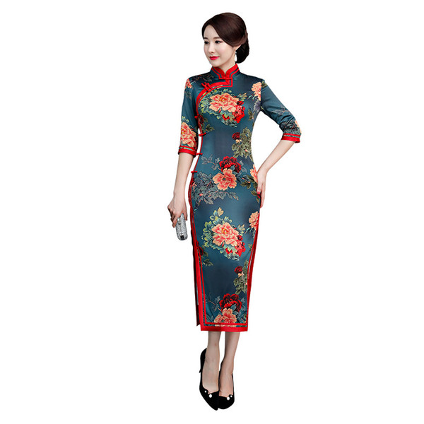 Classic Women Mandarin Collar Slim Qipao Satin Floral Sexy Cheongsam High Split Chinese National Dresses Plus Size Vestidos 3XL