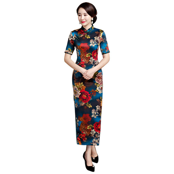 Women Flower Long Cheongsam Sexy Print Slim Chinese Vintage Satin Evening Dress Mandarin Collar Qipao Oversized 3XL 4XL Vestidos