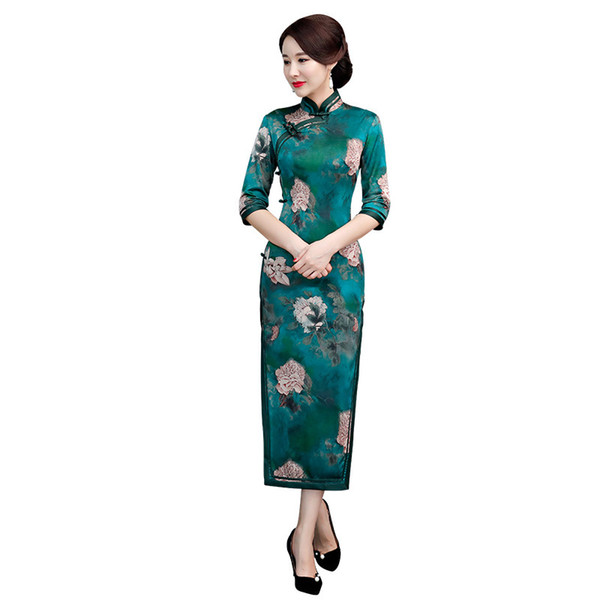 Green Female Slim Mandarin Collar Qipao Satin Flower Elegant Cheongsam Plus Size High Split Chinese Classic Dresses Vestidos 3XL