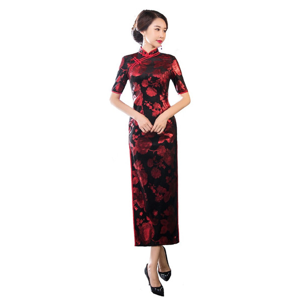 Shanghai Story 2018 Autumn New Sale Women's Floral Qipao Velvet Cheongsam Dress Long Chinese Traditional Dress For Women