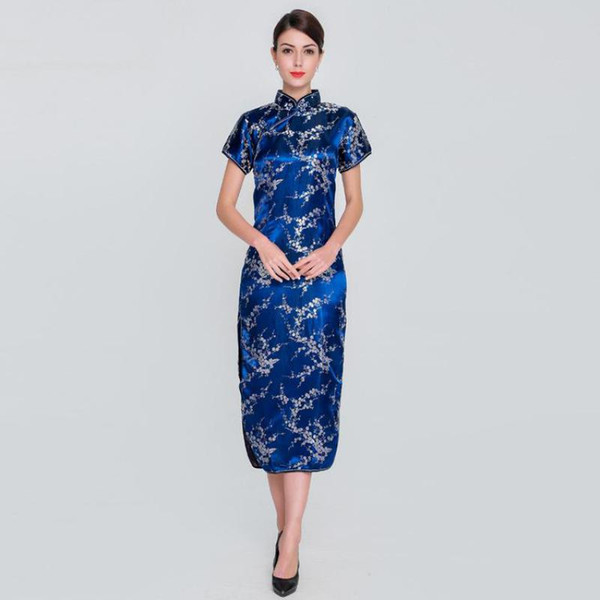 Women Rayon Satin Qipao Floral Chinese Dress Elegant Slim Prom Party Dress Vintage Mandarin Collar Cheongsam Oversize S-6XL