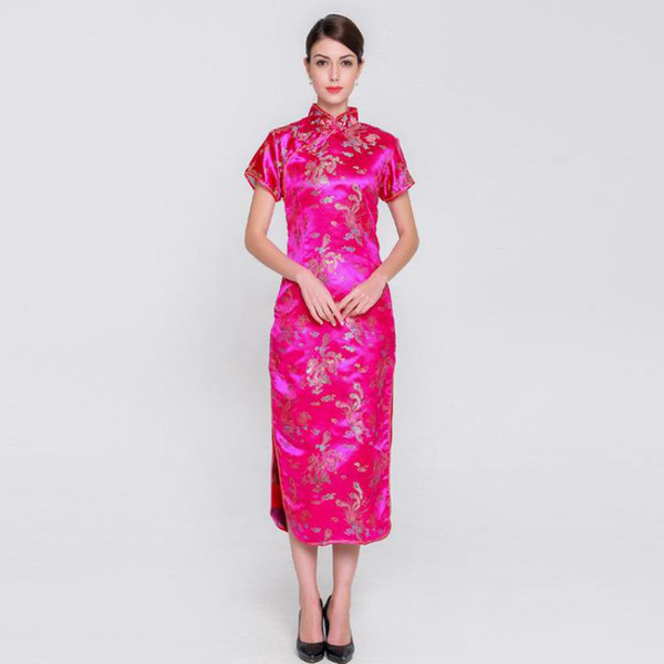 2018 NEW Rayon Qipao Chinese Style Dragon&Phoenix Female Hot Pink Cheongsam Elegant Evening Party Dress Performance Costume