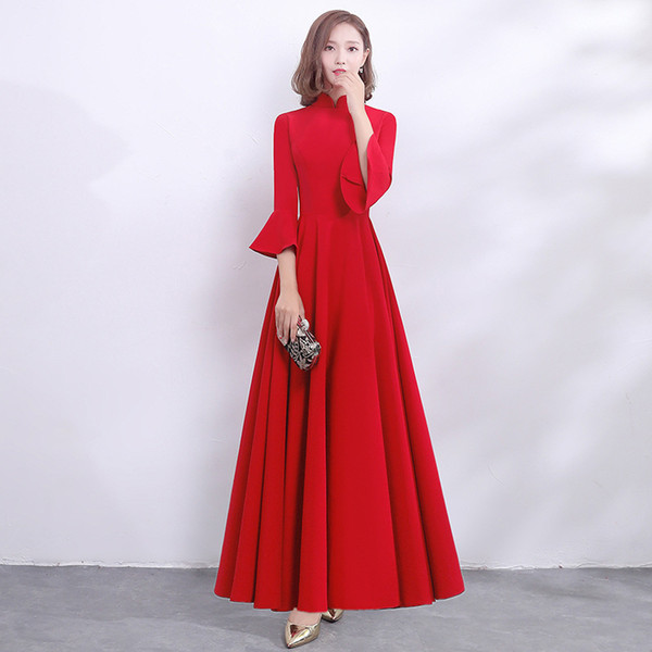 Full Length Chinese Long Sleeve Female Cheongsam Dress Vestidos Chinos Oriental Wedding Gowns Party Dresses Plus Size XS-3XL