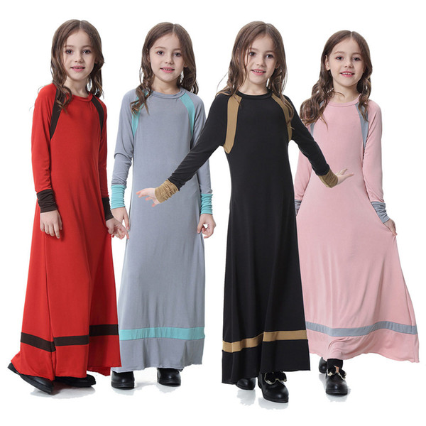 Girls One-pieces Sleepdress Muslim Solid Color Long-sleeves Sleep Gown IK88