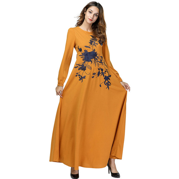 2019 Casual Spring Autumn Women Dress Patchwork Yellow Muslim Abaya Dress Plus Size 4XL Embroidery Flower Sukienka Damska