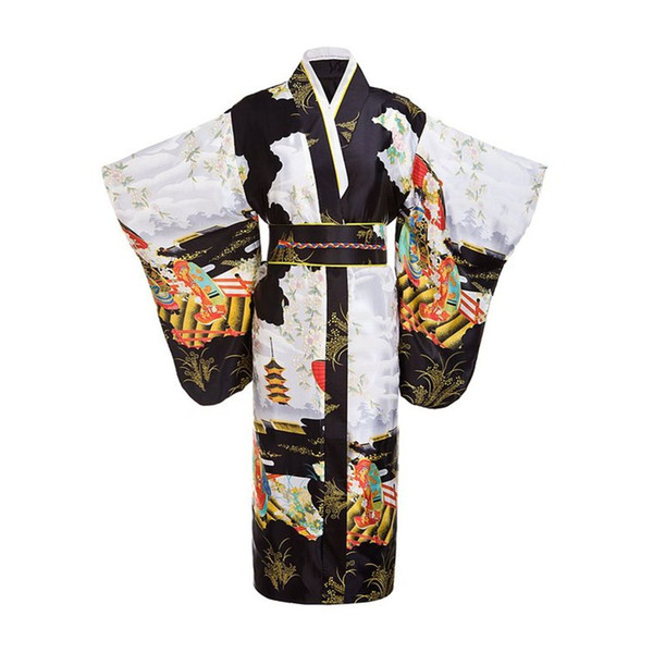 Black Woman Lady Japanese Tradition Yukata Kimono With Obi Flower Vintage Evening Dress Cosplay Costume One size ZW01