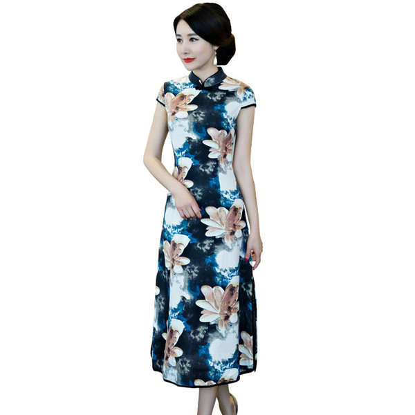 Blue Lotus Printed Improved Women Long Section Daily New Fashion Retro Short Sleeve Dress Cotton Linen Catwalk Cheongsam