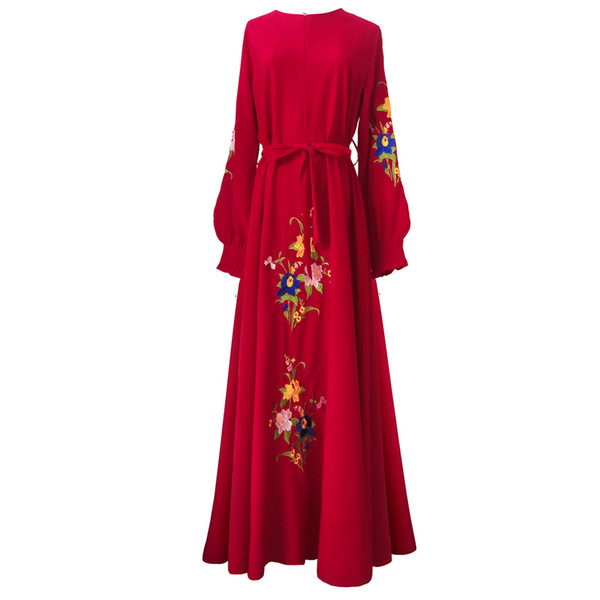 Floral Embroidery Islam Dress 2018 Noble Long Sleeve Muslim Women Maxi Dress Elegant A-line Big Swing Muslimic Evening