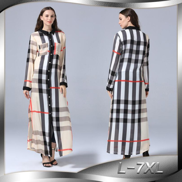 2018 Women Islamic Dress Turn-Down Collar Long Sleeve Plus Size 7XL Plaid Women Muslim Dress Abaya Turkish Caftan Dubai Dresses