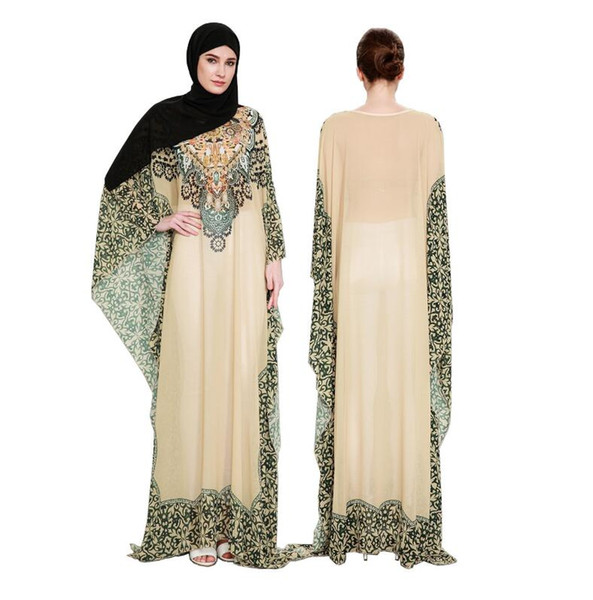 Summer National Style Muslim Women Abaya Dress Middle East Islamic Female Digital Printing Chiffon Long Dresses Apricot Clothing