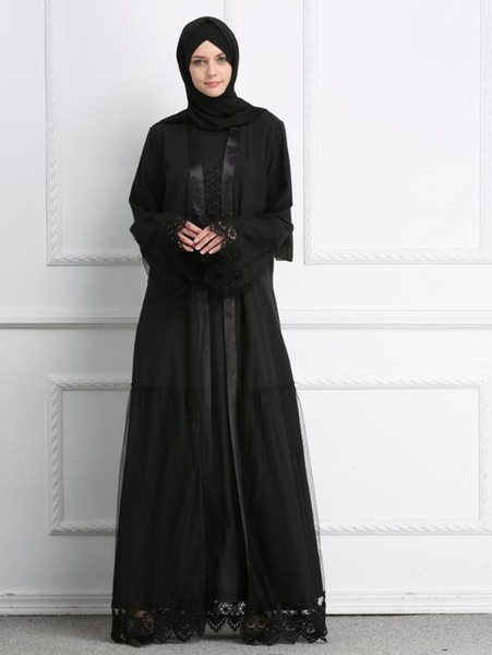 Muslim Lace Abaya Grenadine Black Full Dresses Cardigan Kimono Long Robe Gowns Jubah Middle East Ramadan Arab Islamic Clothing