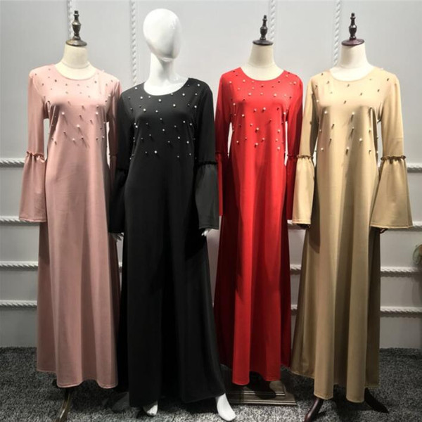 Fashion Muslim Beading Abaya Maxi Dress Flare Sleeve Long Robe Gowns Kimono Arab Ramadan Islamic Prayer Clothing