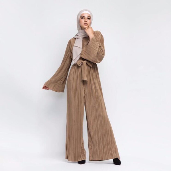 2018 Women Muslim Jumpsuit Flare Sleeve Long Wide Leg Trouser 1 Piece Set Pleated Islamic Clothing Solid Rompers Womens Jumpsuit